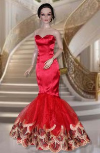 Red Satin Gown with Embroidered Train for RTB101 Grace 101