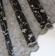 Delicate Scalloped Edge Embroidered Black Lace Fabric - 1 yard - 