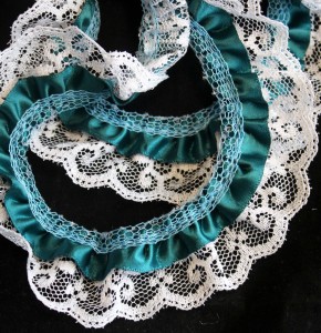 Teal Satin & Lace Ruffle Trim - 1 Yard