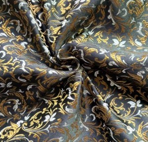 Gold,, Black & Silver Jacquard Fabric with a Delicate Flowing Pattern (note: width 28")