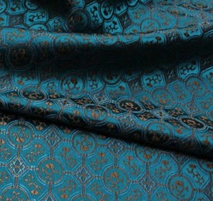 Blue Geometric Brocade Fabric with Golden Accent - (note: width 29")