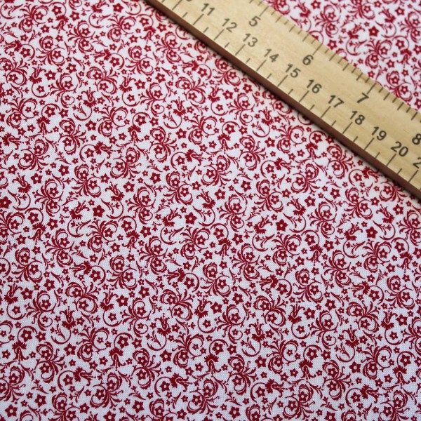 Fabric 1/2 Yard, Miniature Red Flower and Vine on White